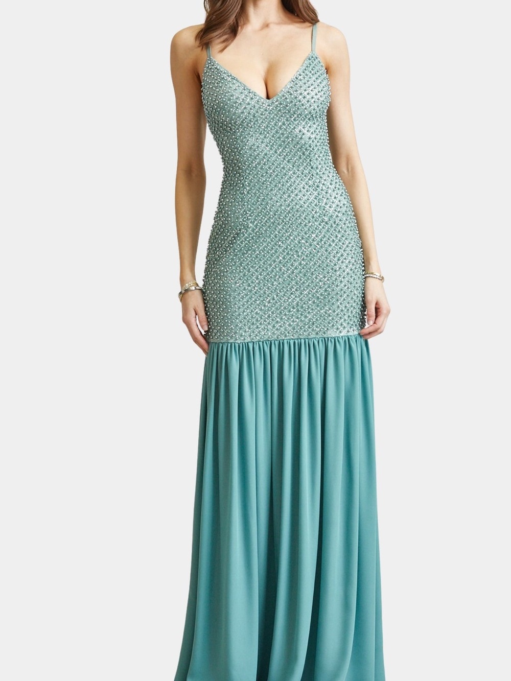 Beaded V-Neck Teal Evening Maxi homecoming Dress - Women Dresses
